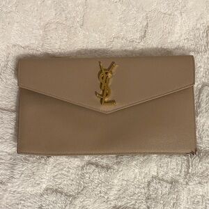 Saint Laurent Taupe Envelope Clutch with Gold YSL Logo